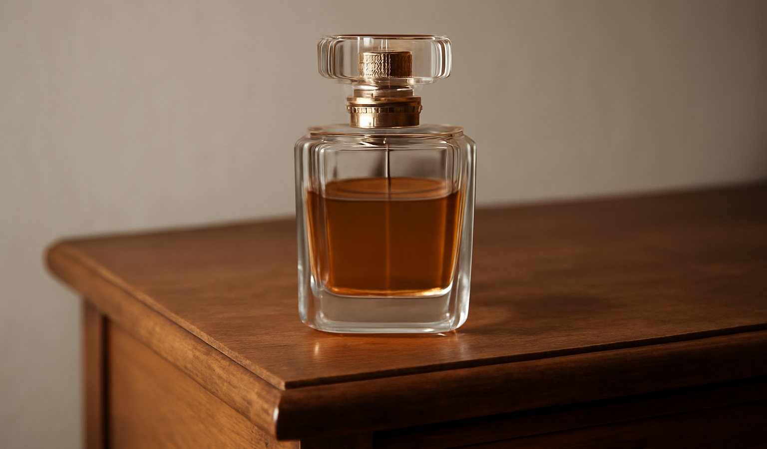 flacon de parfum stylisé sur commode bois