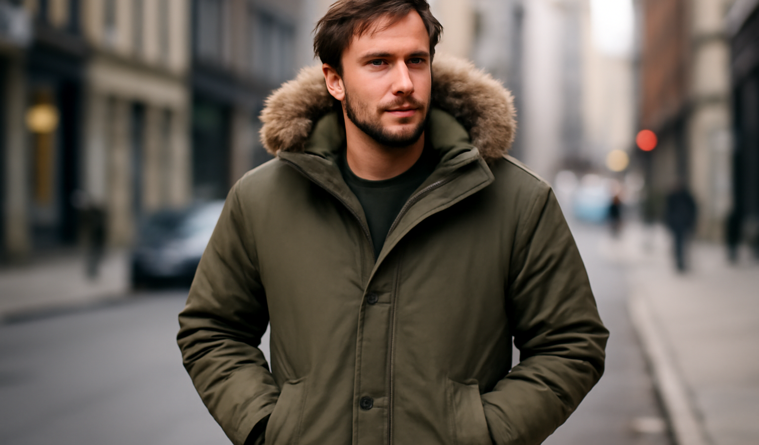 homme portant une parka en ville
