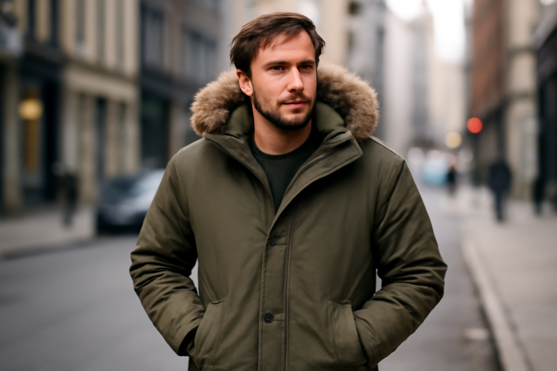 homme portant une parka en ville