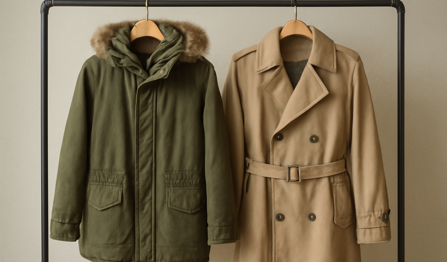 parka et trench suspendus côte à côte