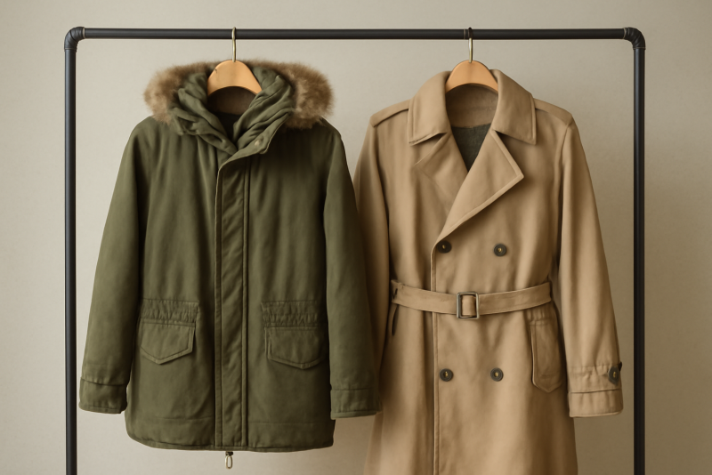 parka et trench suspendus côte à côte