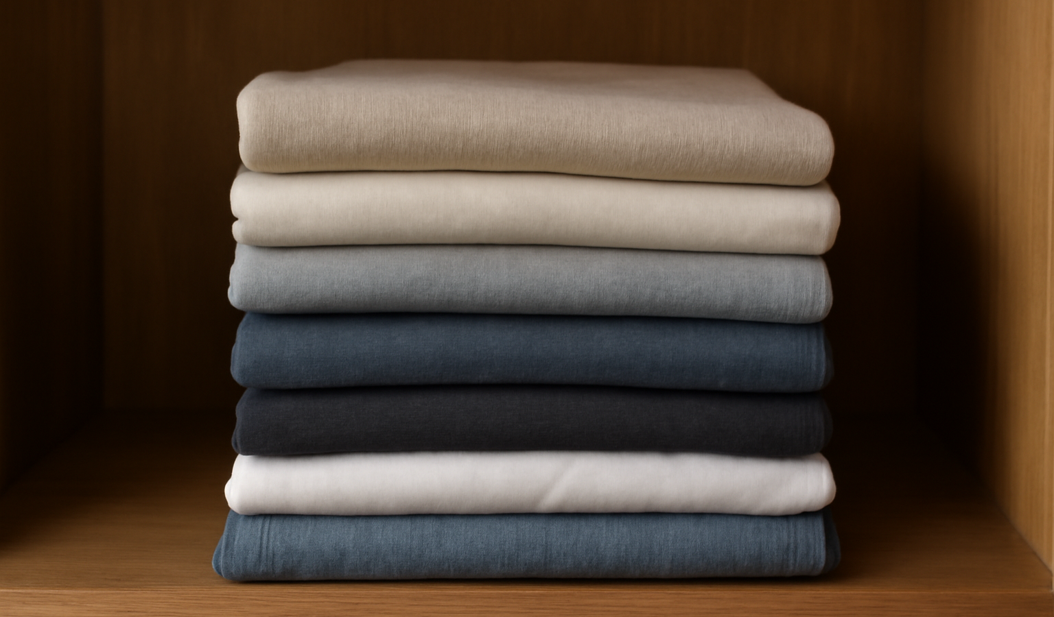 vêtements pliés posés sur une étagère bois