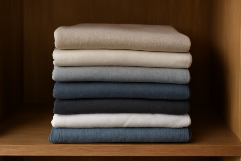 vêtements pliés posés sur une étagère bois