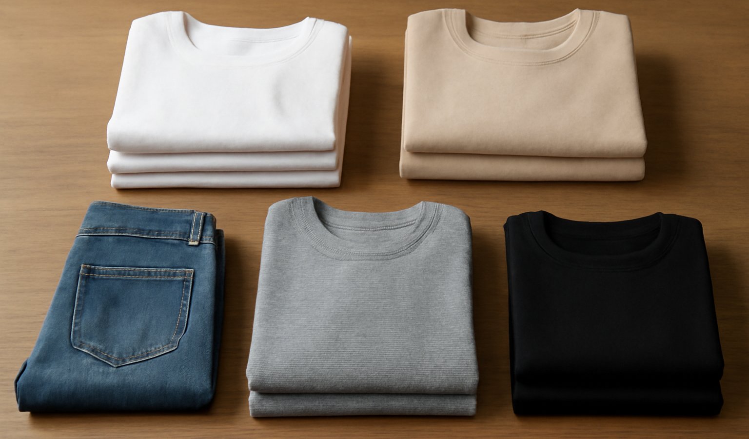 selection de vetements essentiels plies sur table