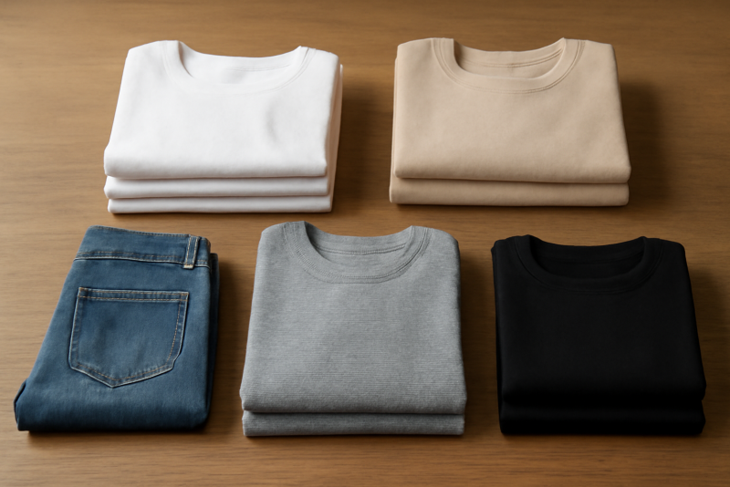 selection de vetements essentiels plies sur table