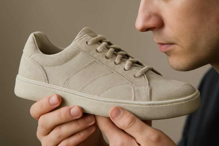mains tenant une chaussure pres du nez