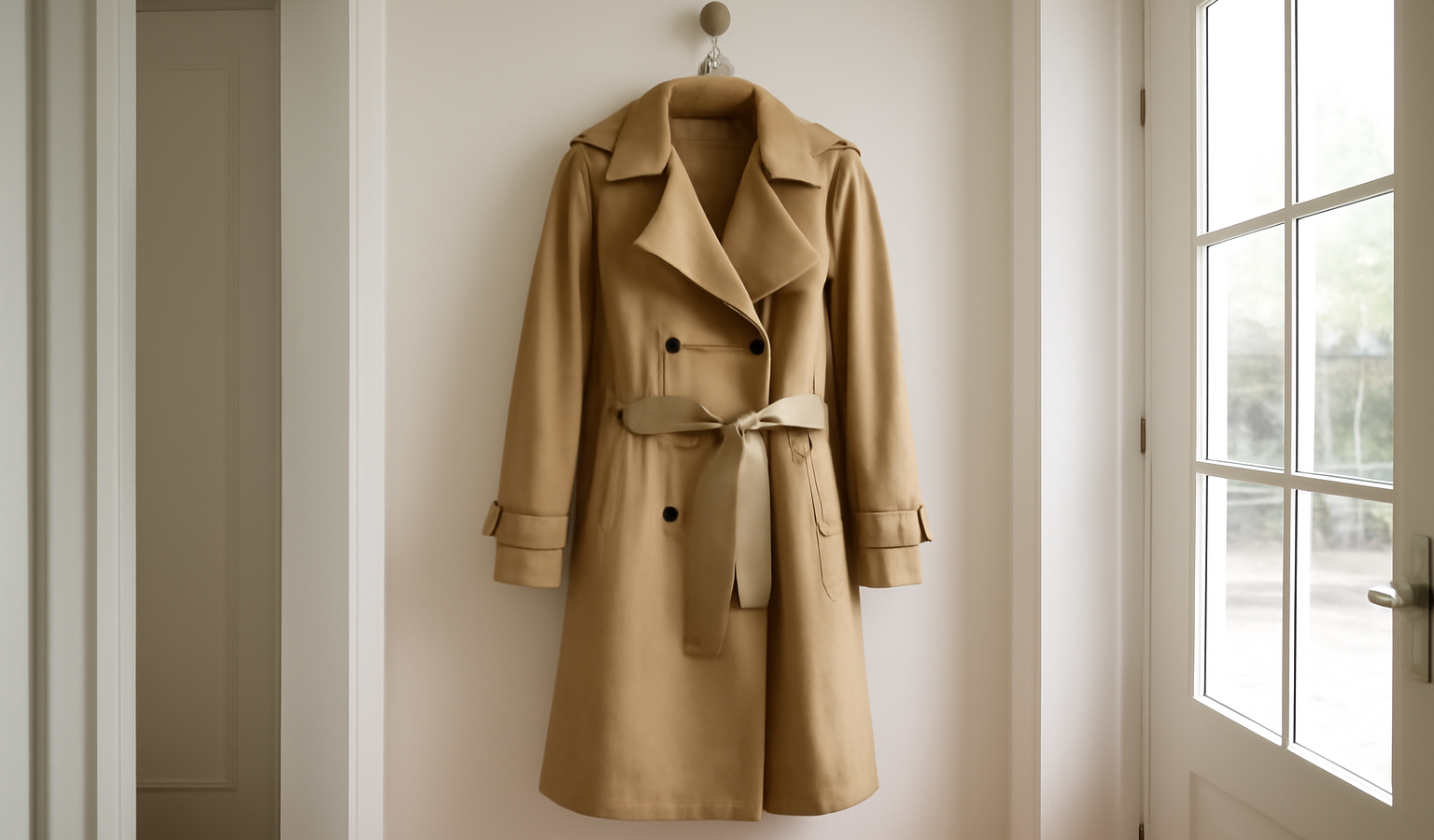trench beige suspendu dans une entrée lumineuse