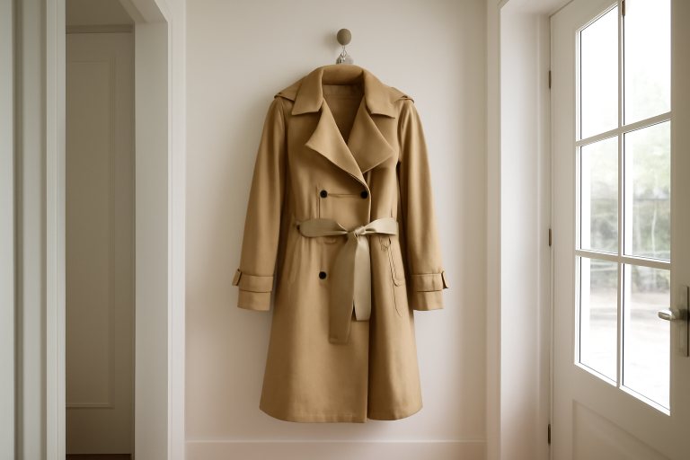 trench beige suspendu dans une entrée lumineuse