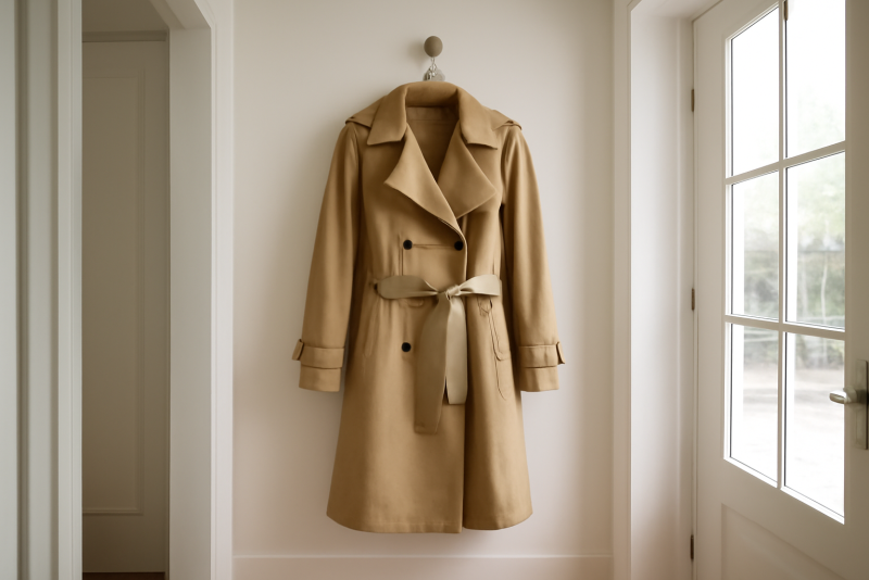 trench beige suspendu dans une entrée lumineuse