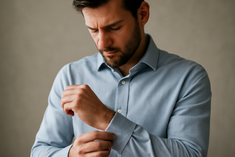 homme ajustant la manche de sa chemise