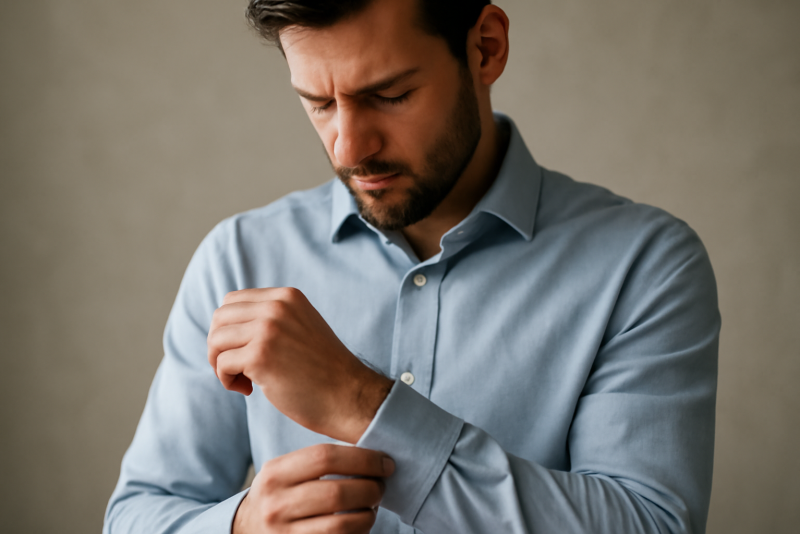 homme ajustant la manche de sa chemise