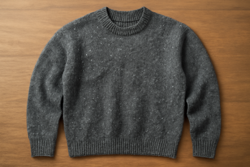 pull avec bouloches posé sur table