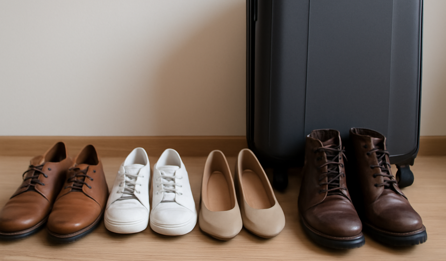 paires de chaussures alignées à côté d'une valise