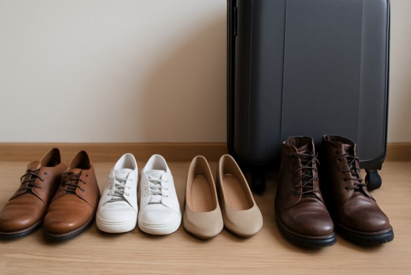 paires de chaussures alignées à côté d'une valise
