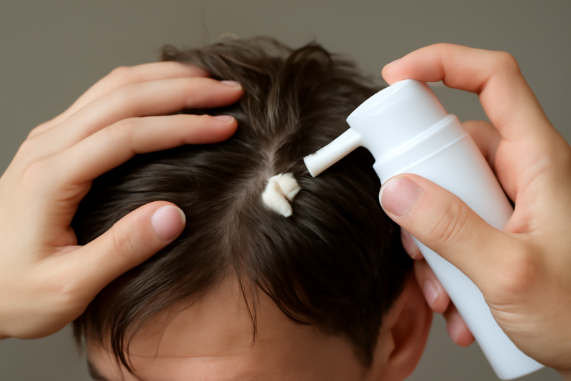 mains appliquant produit coiffant sur cheveux