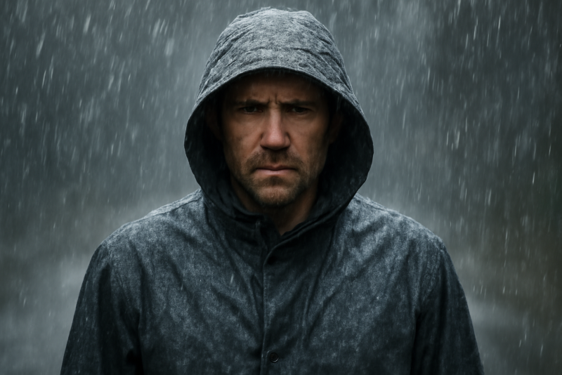 homme sous la pluie avec manteau imperméable