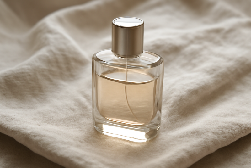 flacon posé sur une serviette en tissu