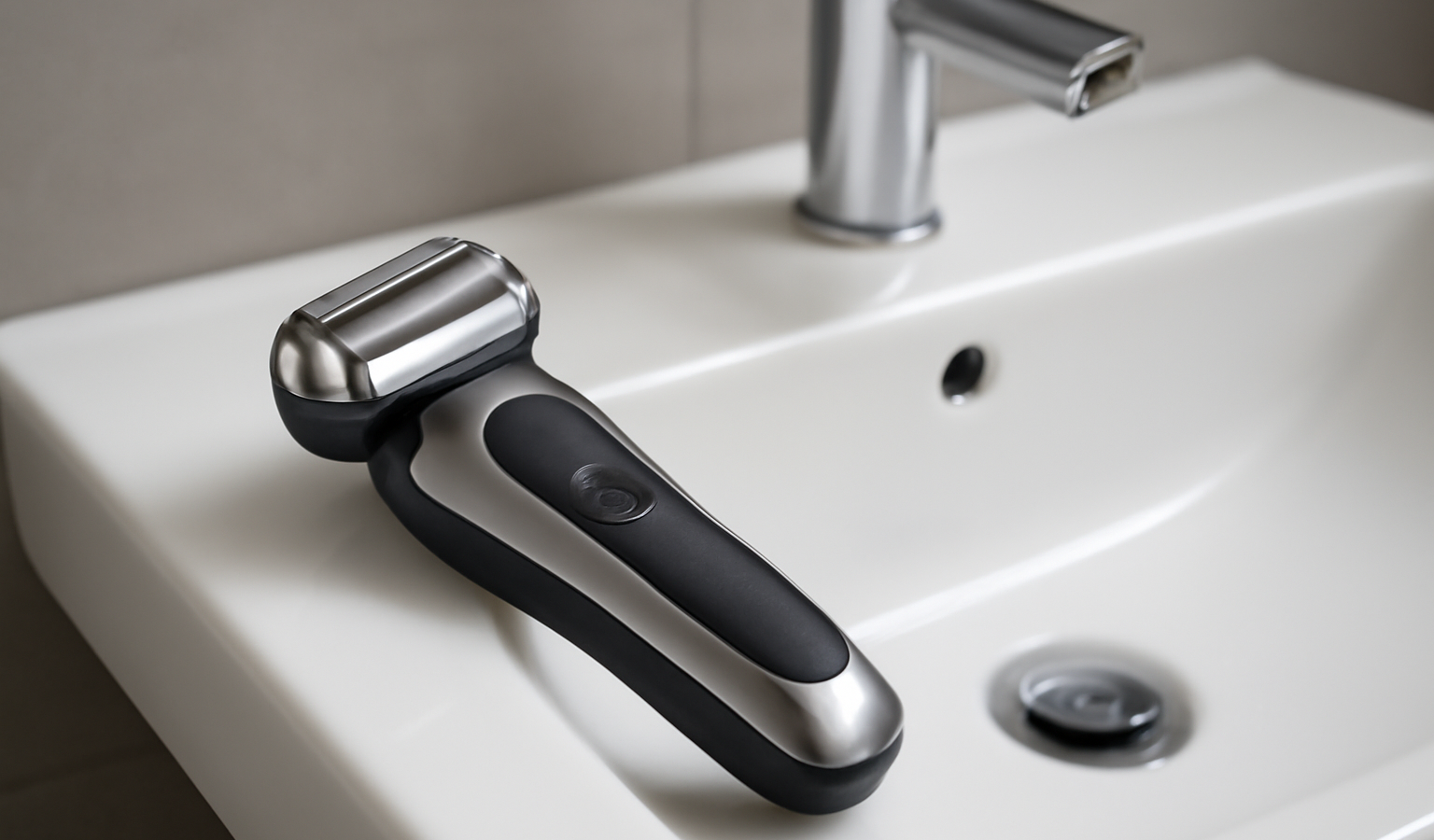rasoir électrique posé sur un lavabo moderne