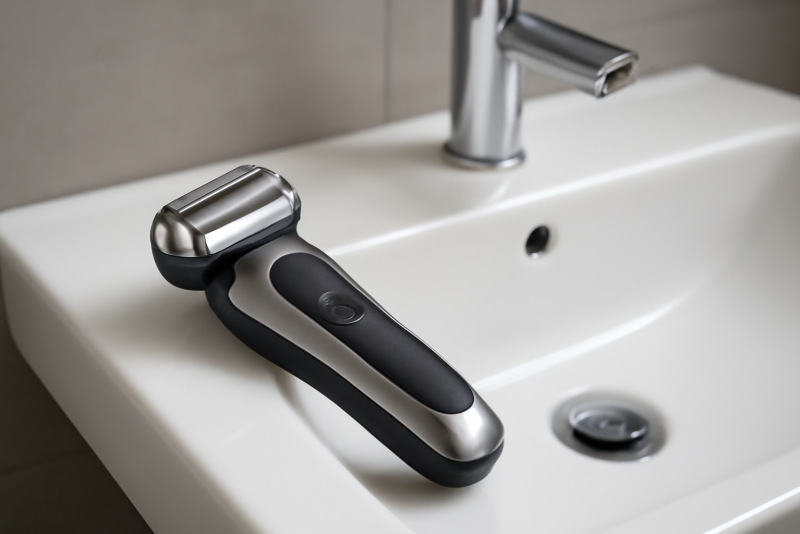 rasoir électrique posé sur un lavabo moderne