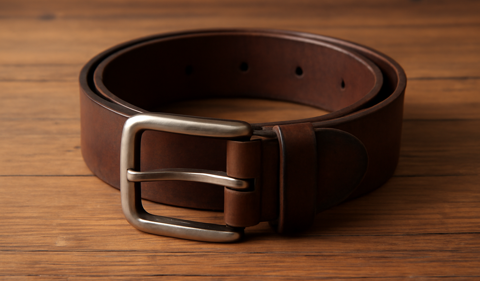 ceinture en cuir posée sur table en bois