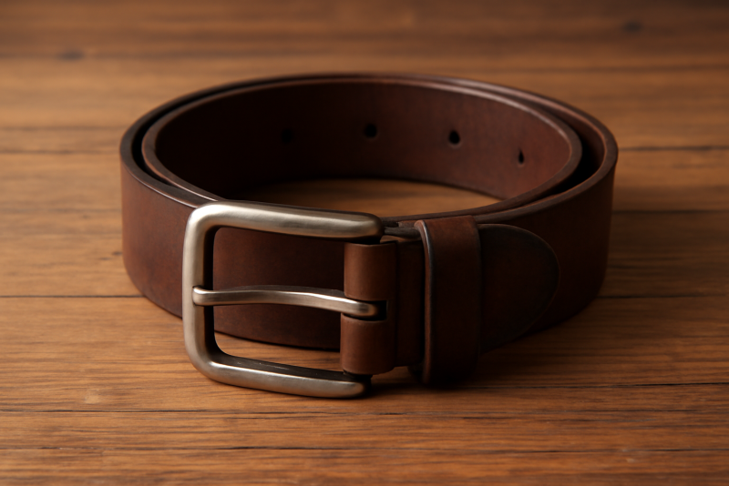 ceinture en cuir posée sur table en bois