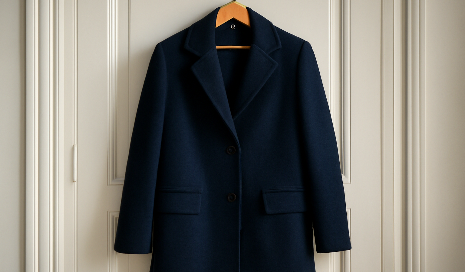 manteau bleu marine posé sur porte-manteau