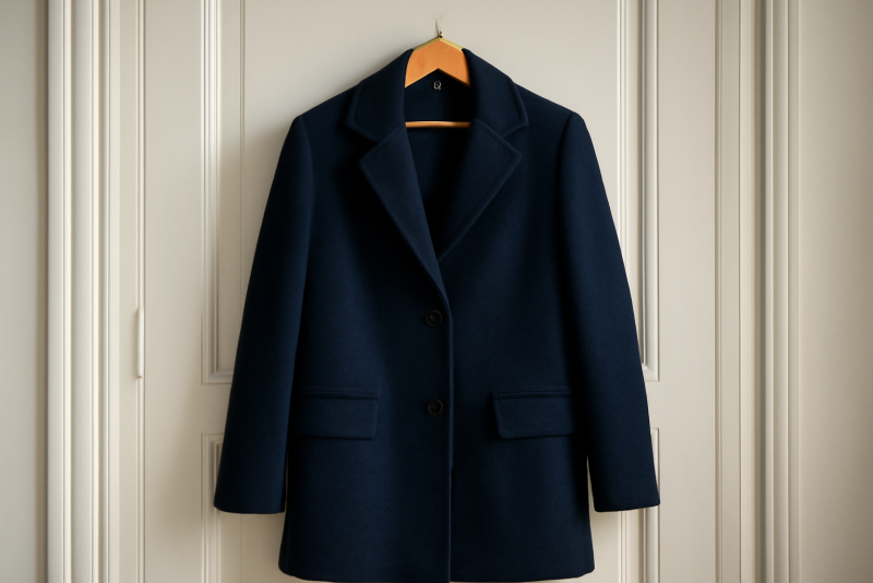 manteau bleu marine posé sur porte-manteau