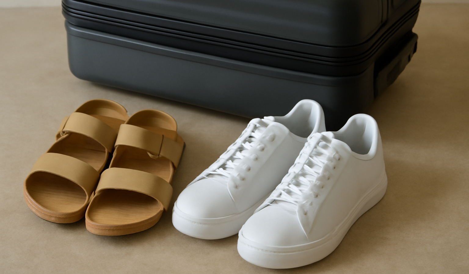 sandales et sneakers posées près d'une valise