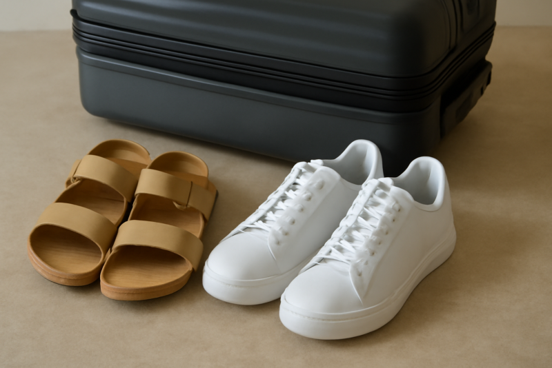 sandales et sneakers posées près d'une valise