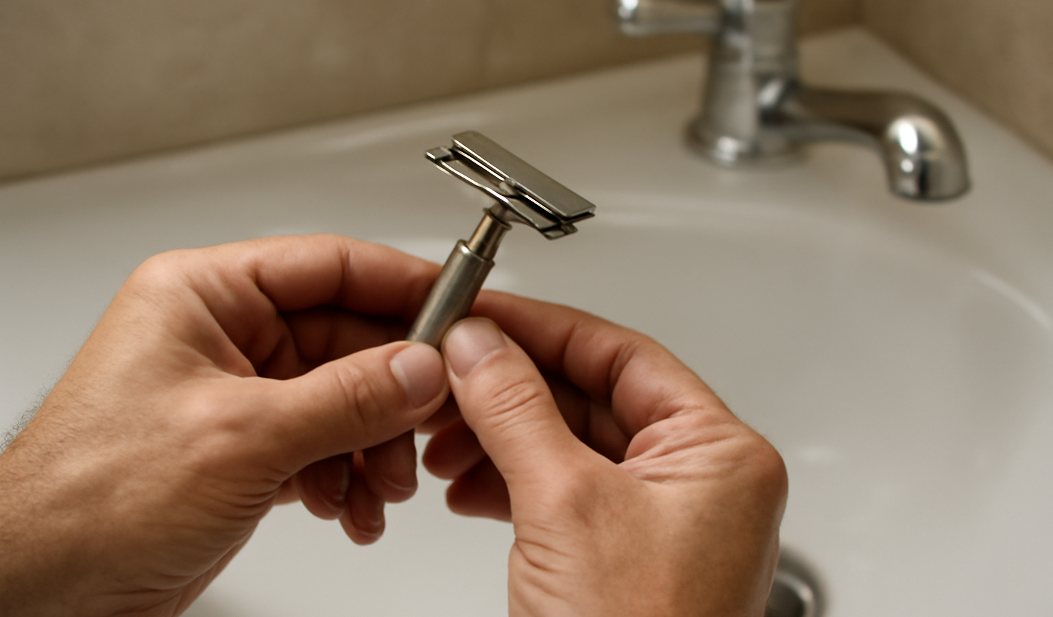 mains tenant rasoir traditionnel sur lavabo