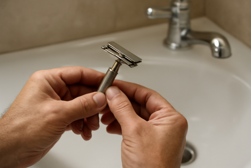 mains tenant rasoir traditionnel sur lavabo