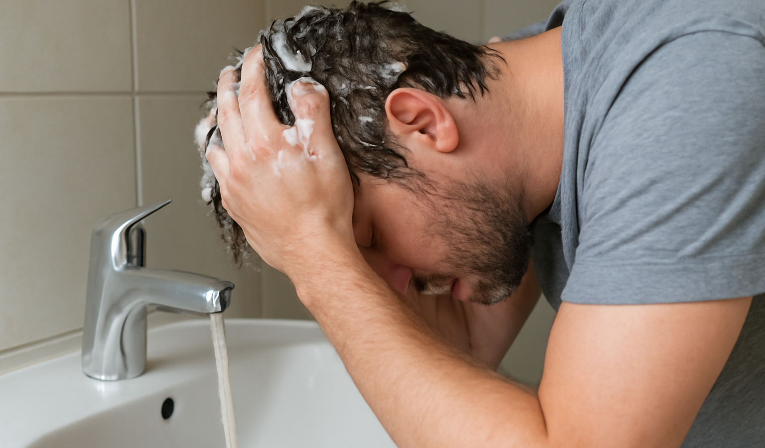 homme se lavant les cheveux au lavabo