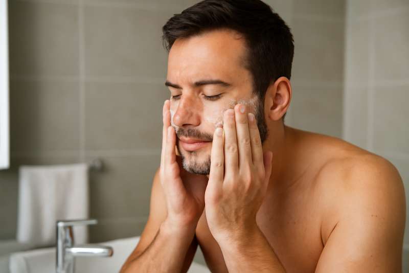 homme nettoyant visage dans salle de bain