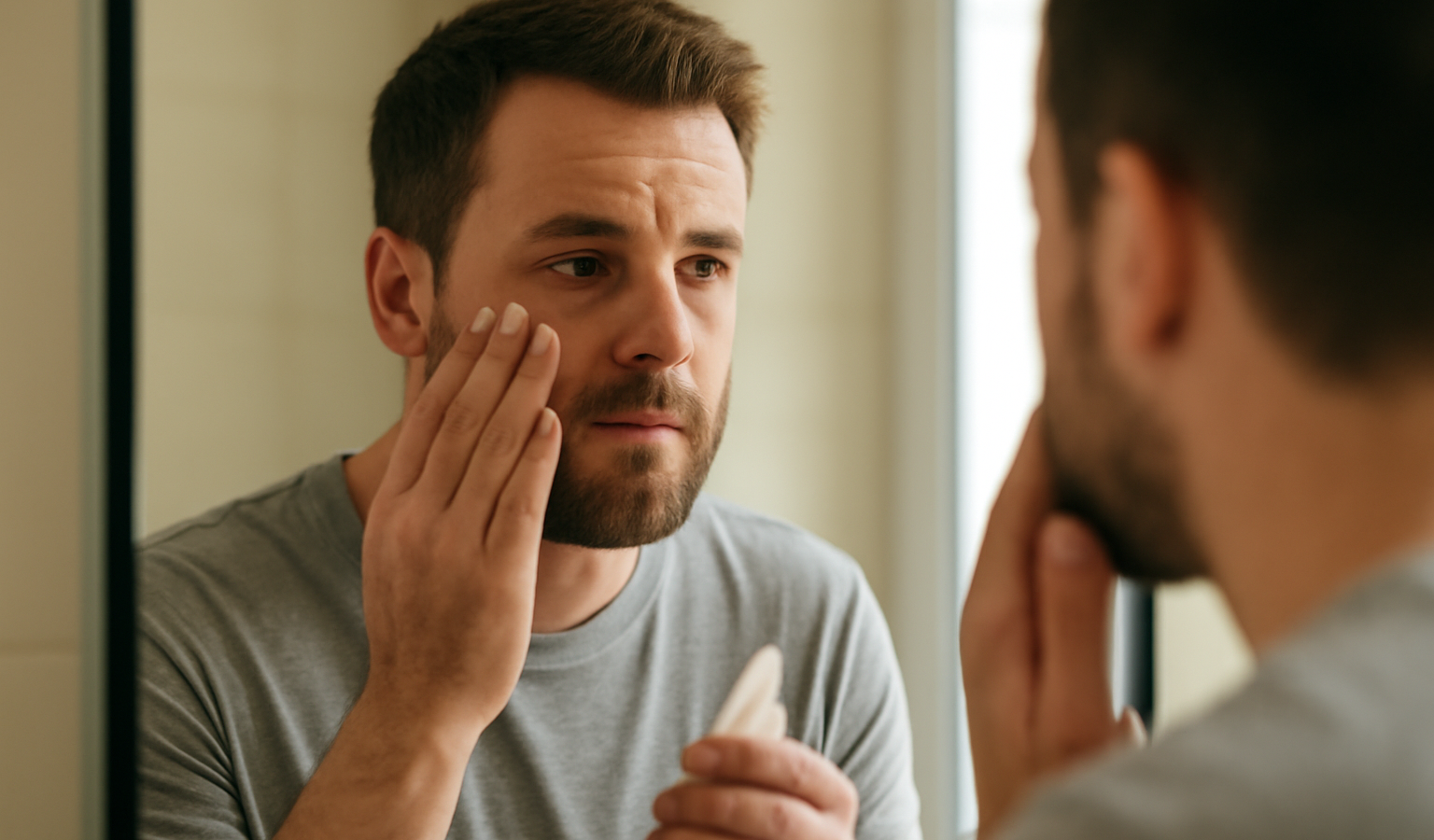 homme devant miroir appliquant produit visage