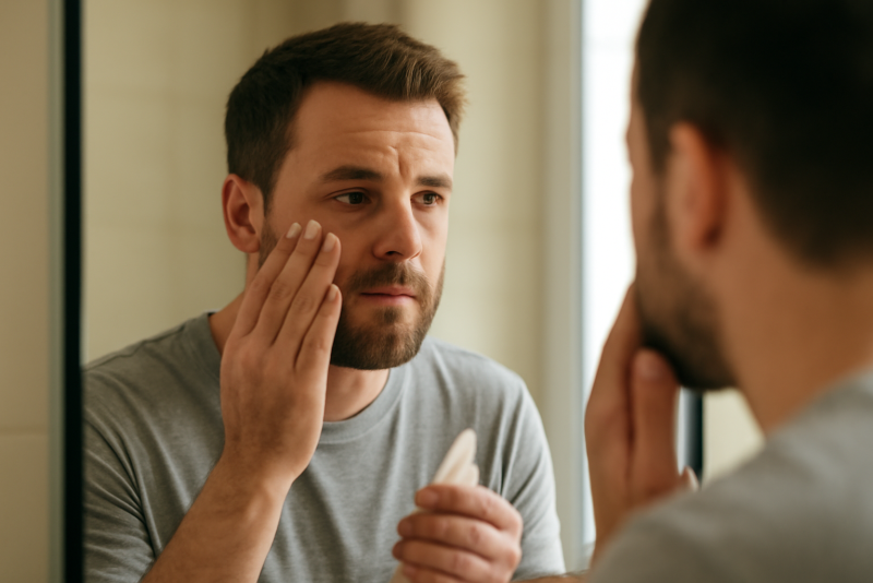 homme devant miroir appliquant produit visage