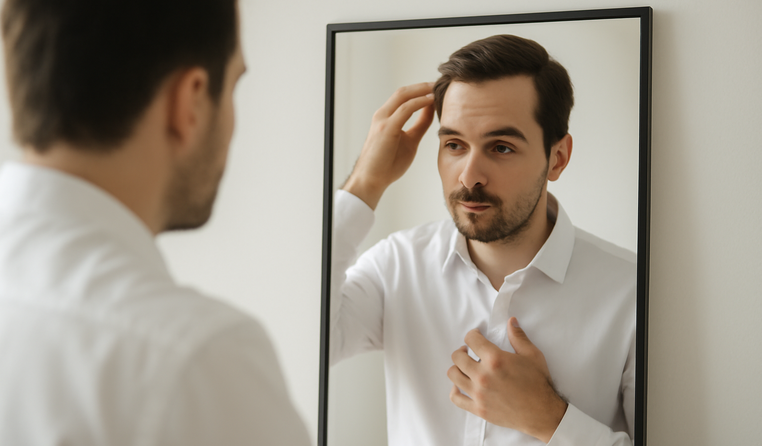 homme se préparant devant un miroir minimaliste