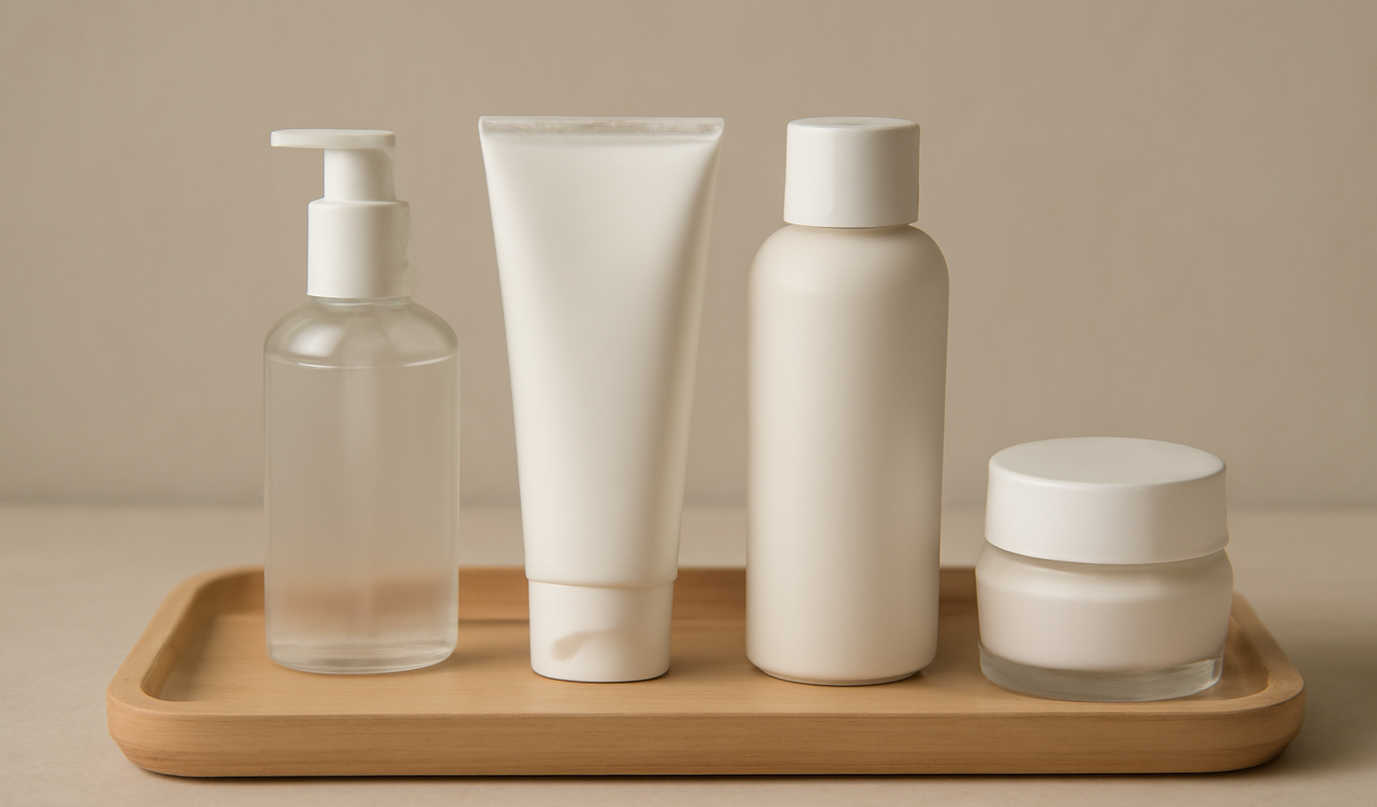 produits de soin alignés sur plateau