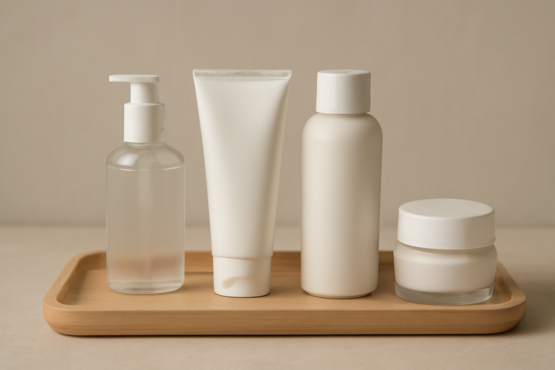 produits de soin alignés sur plateau
