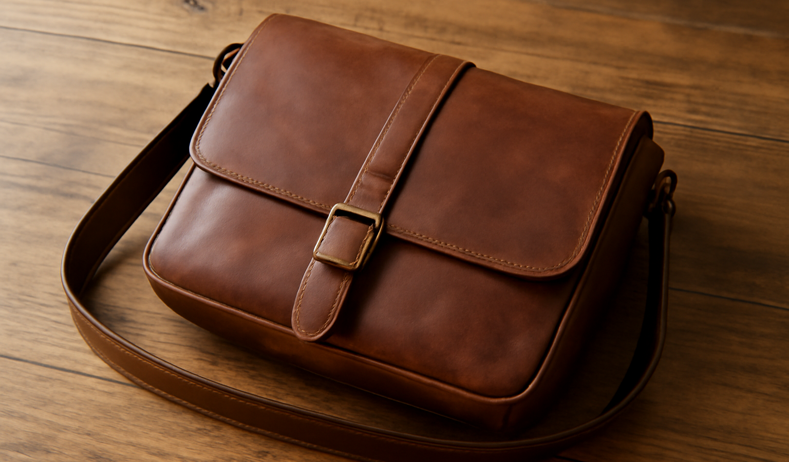 sac en cuir posé sur table en bois