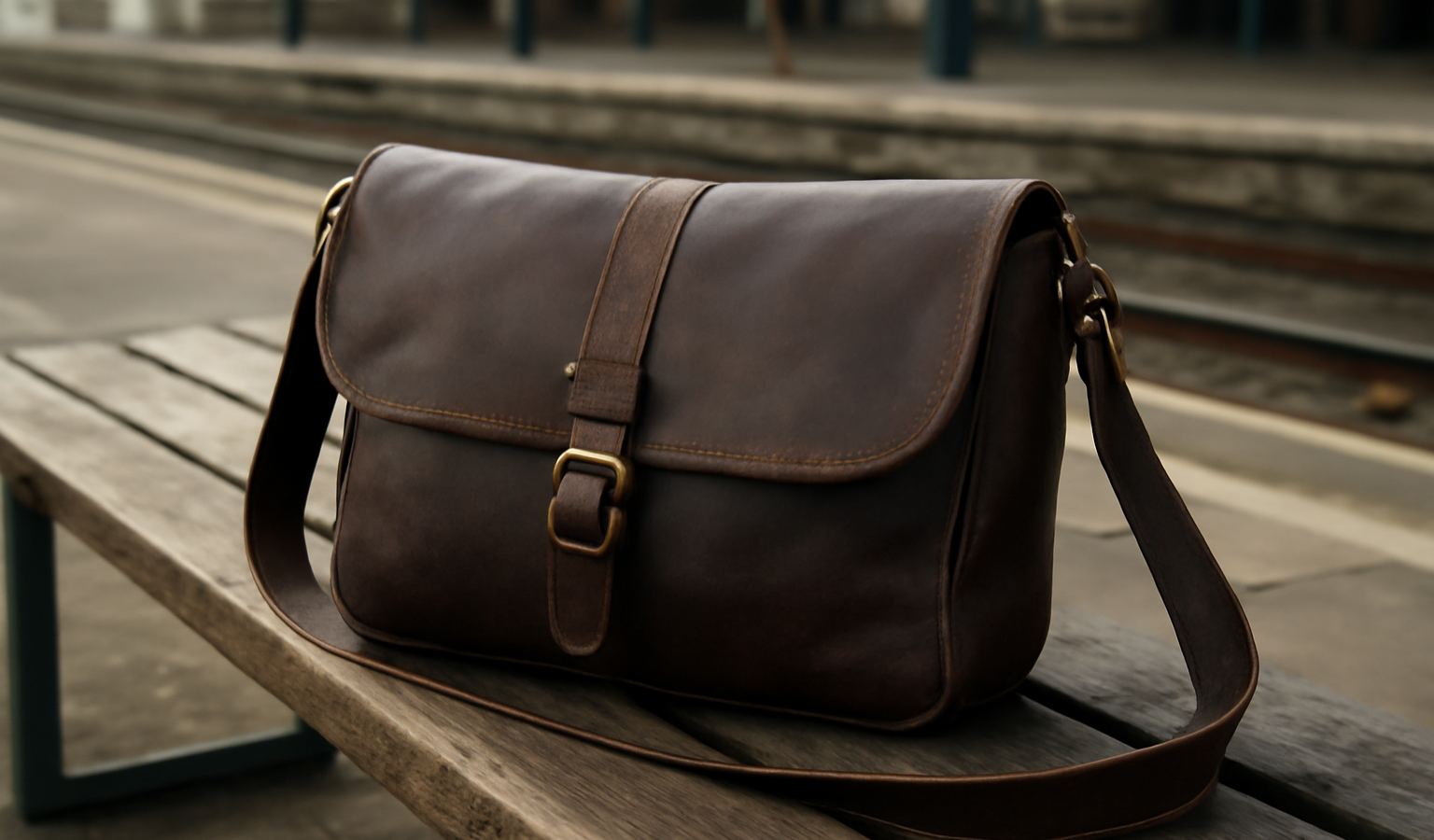 sac bandoulière posé sur un banc gare