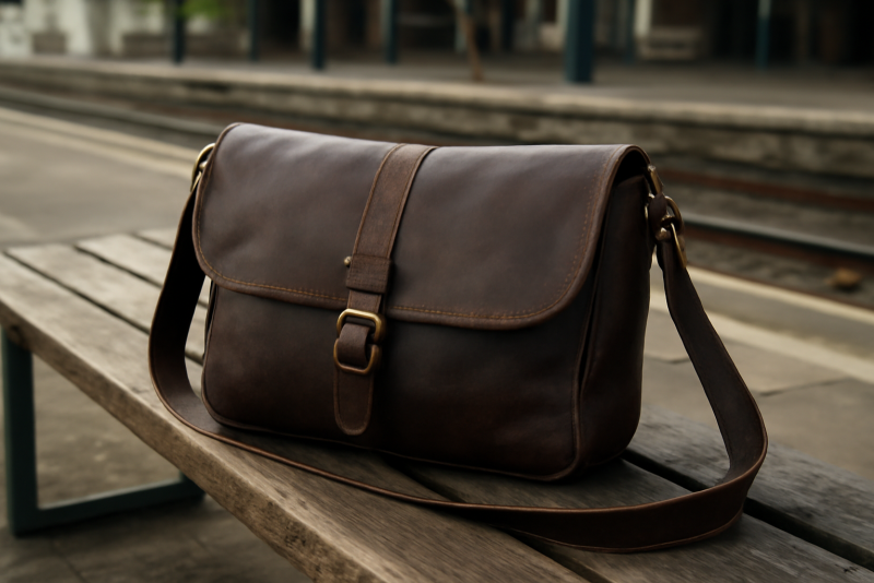 sac bandoulière posé sur un banc gare
