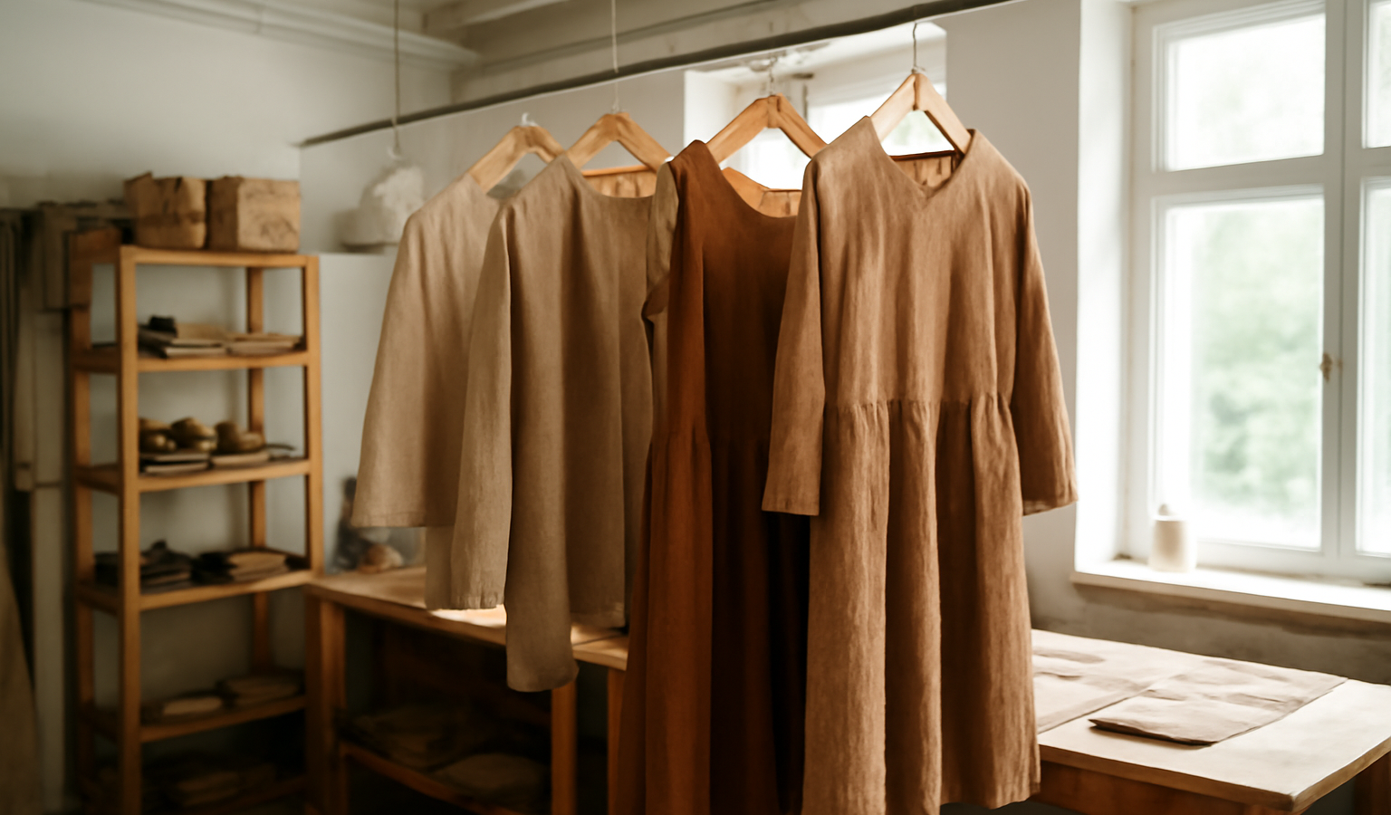 vêtements artisanaux suspendus dans atelier lumineux