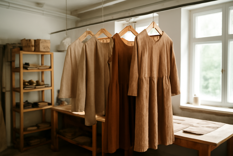 vêtements artisanaux suspendus dans atelier lumineux