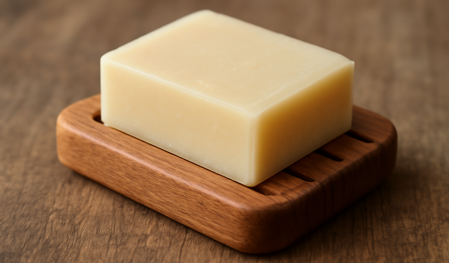 barre de savon posée sur porte-savon bois