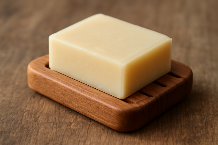 barre de savon posée sur porte-savon bois