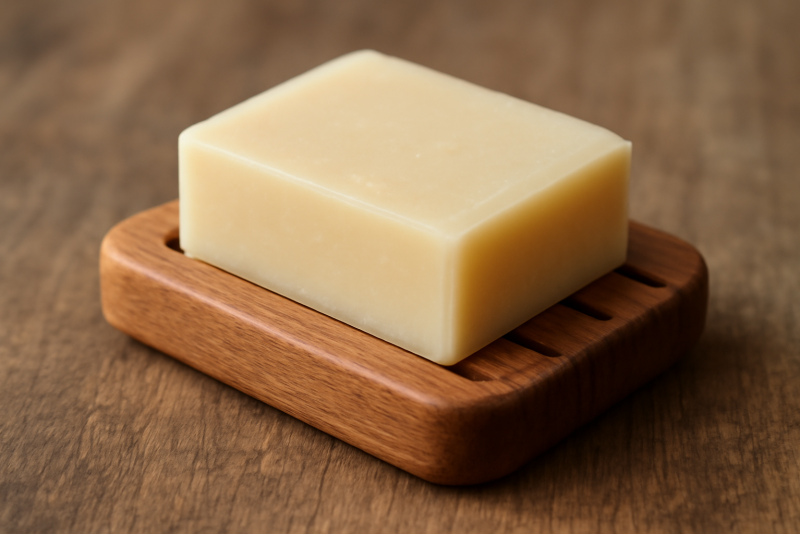 barre de savon posée sur porte-savon bois