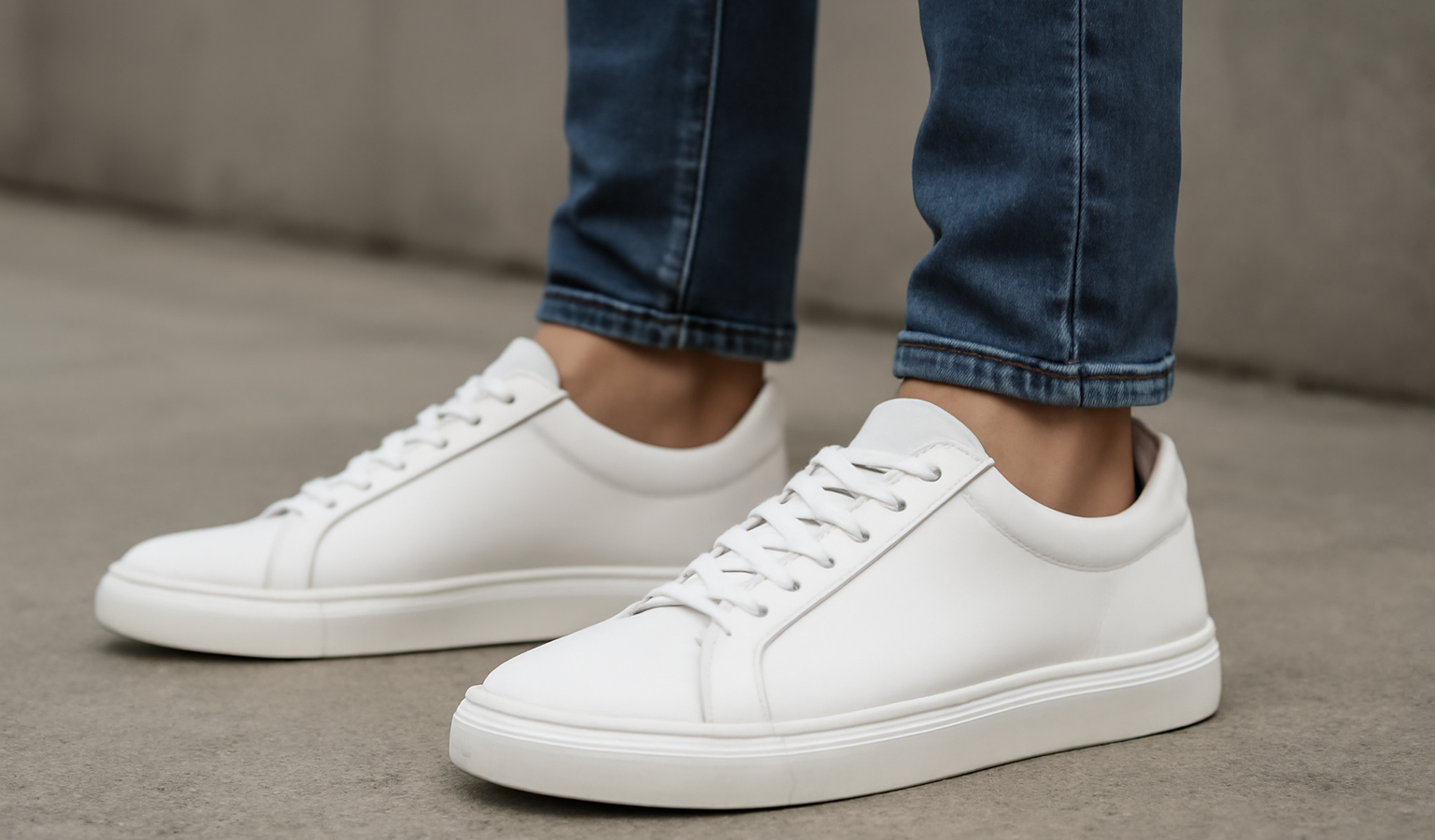 homme portant sneakers blanches minimalistes