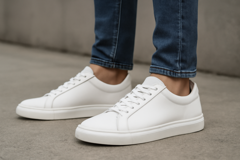 homme portant sneakers blanches minimalistes