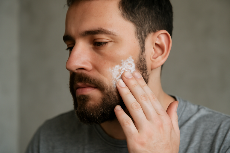 homme appliquant crème sur barbe et joue