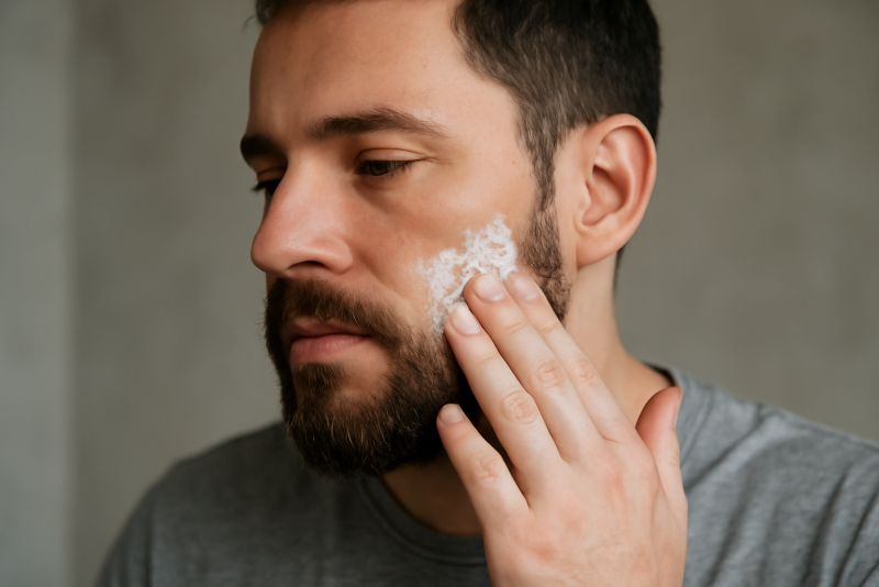 homme appliquant crème sur barbe et joue